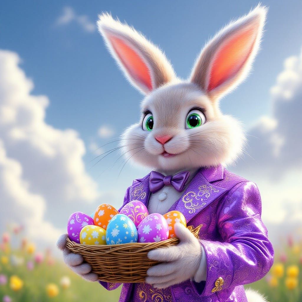 Charming Bunny in Lavish Purple Suit with Vibrant Eggs