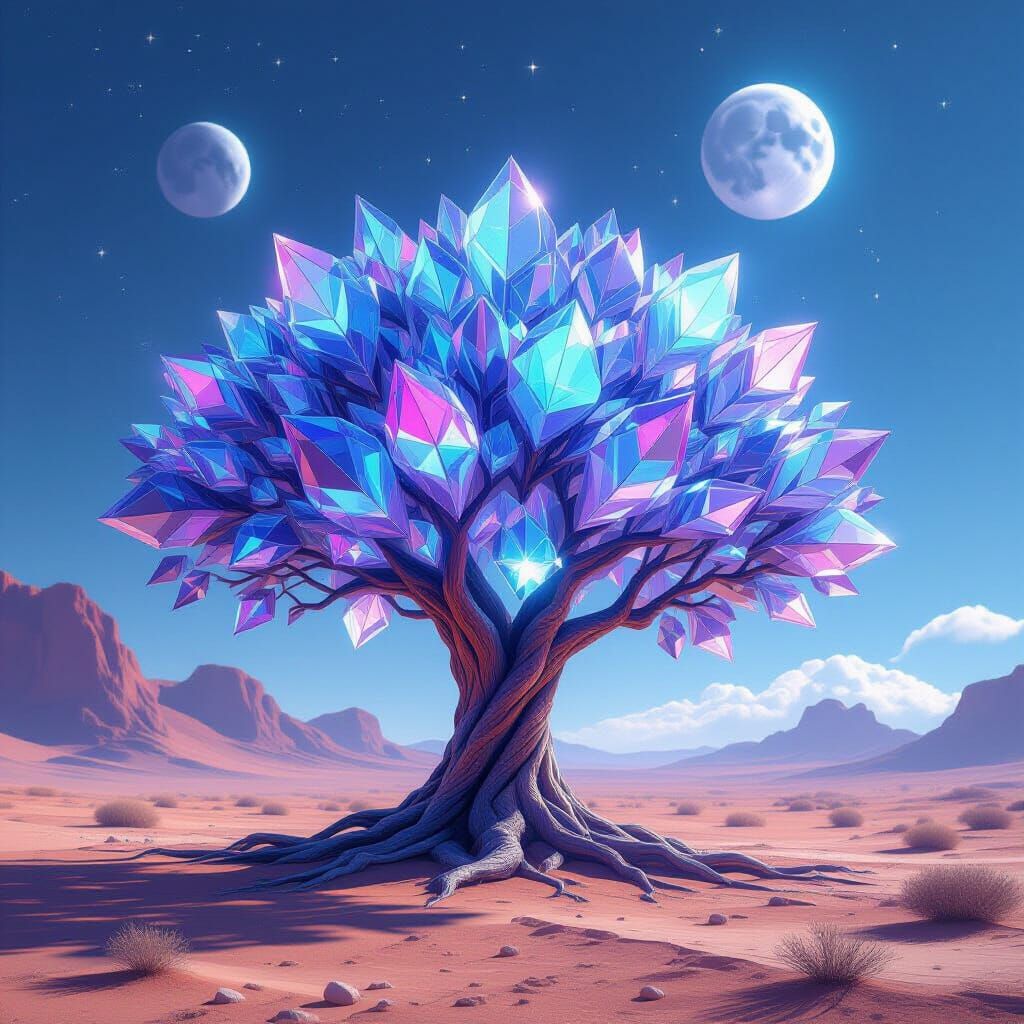 Crystalline Tree in Alien Desert Under Two Moons