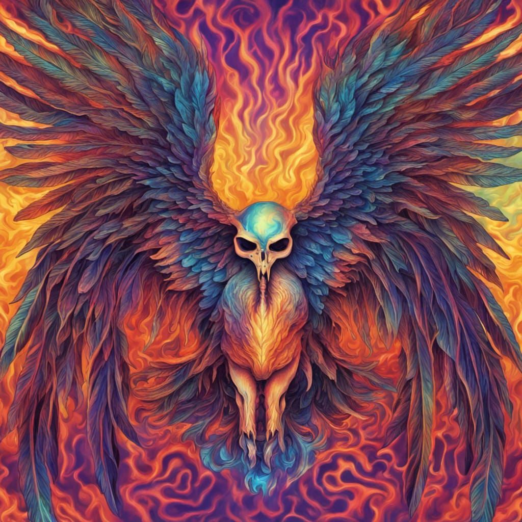 Phoenix wings as flames rising from rams skull iridescent psychedelic