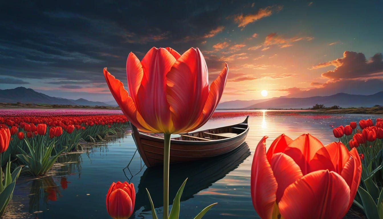 Dreamy Nighttime Harbour with a Majestic Red Tulip