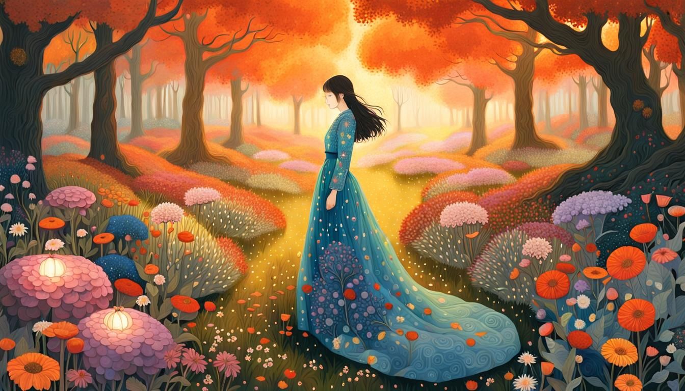 Sunset Woman in Enchanted Forest, Magical Realism