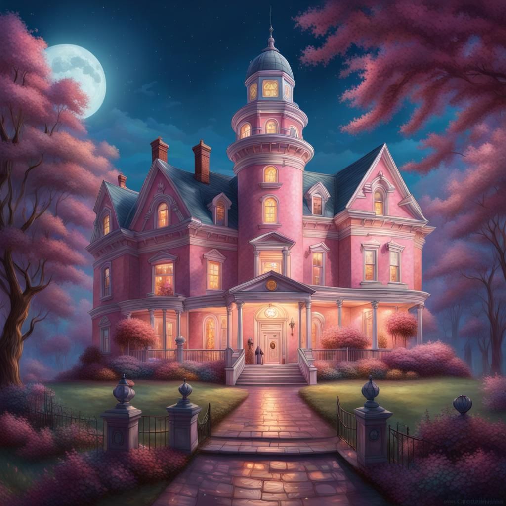 Pink Kirkbride Asylum by Moonlight in Candy Art Style