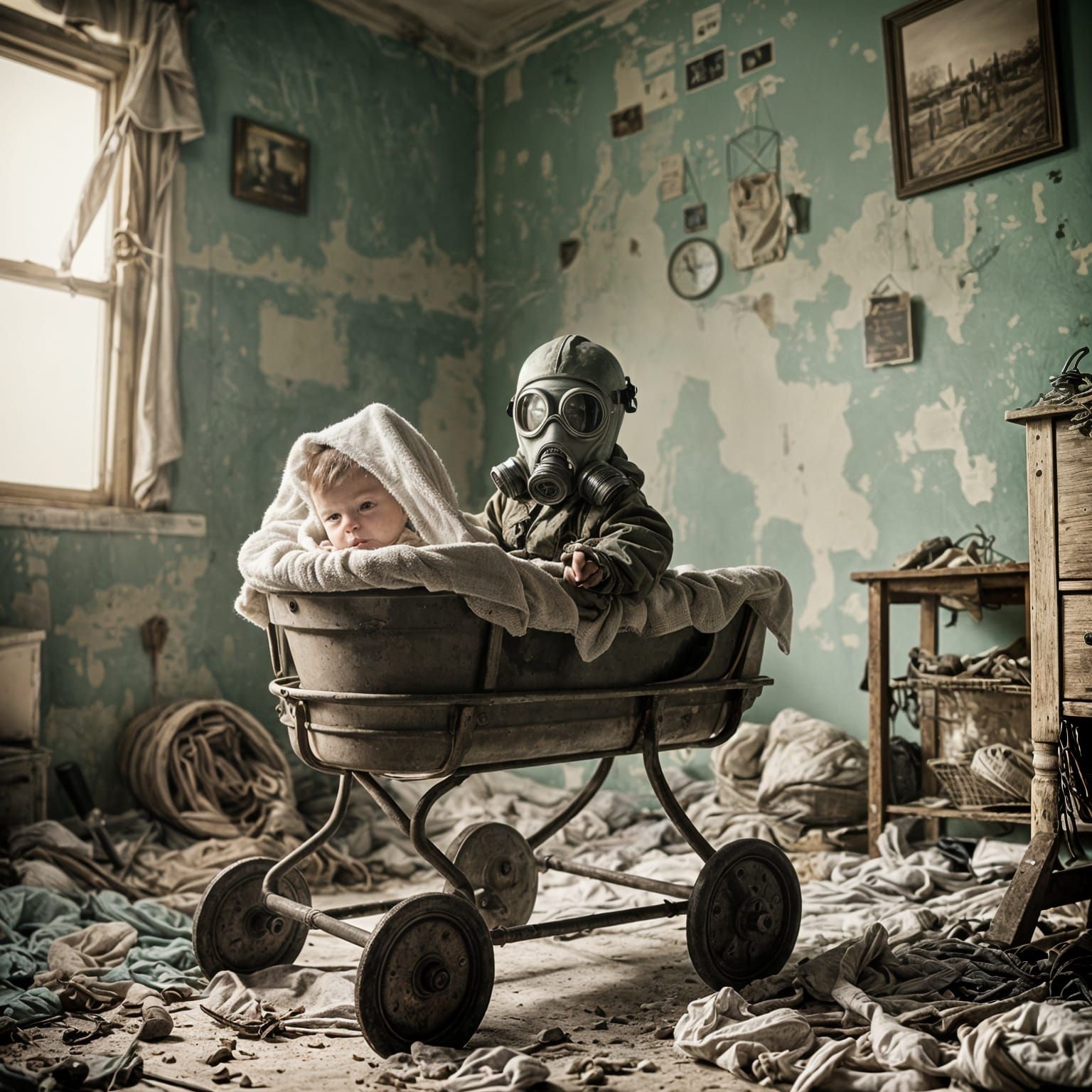 War-Torn Wasteland: Baby in Gas Mask