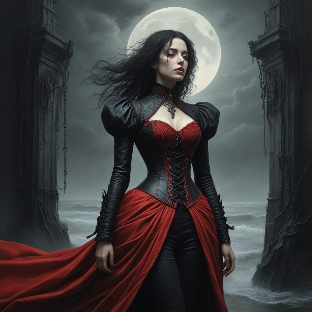 Ethereal Victorian Woman Confronts Tempestuous Storm