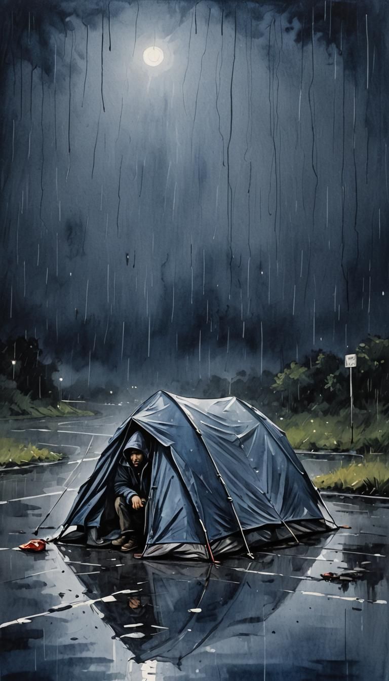 Minimalist Ink Painting of Homeless Person in Rain