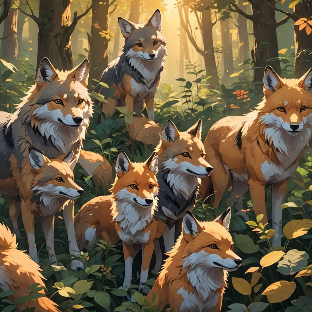 Anime Animal Group in Forest, Genshin Impact Style