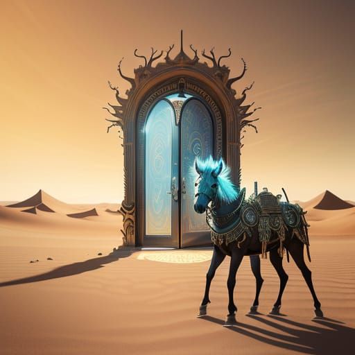 Ornate Door in Alien Desert with Shoelace Ostrich