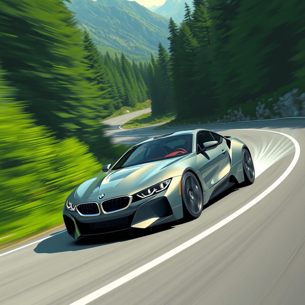 Sleek BMW on Mountain Road in Futuristic Style