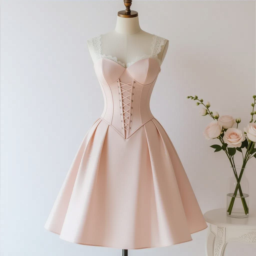 Blush Pink Corset Dress on Vintage Dress Form