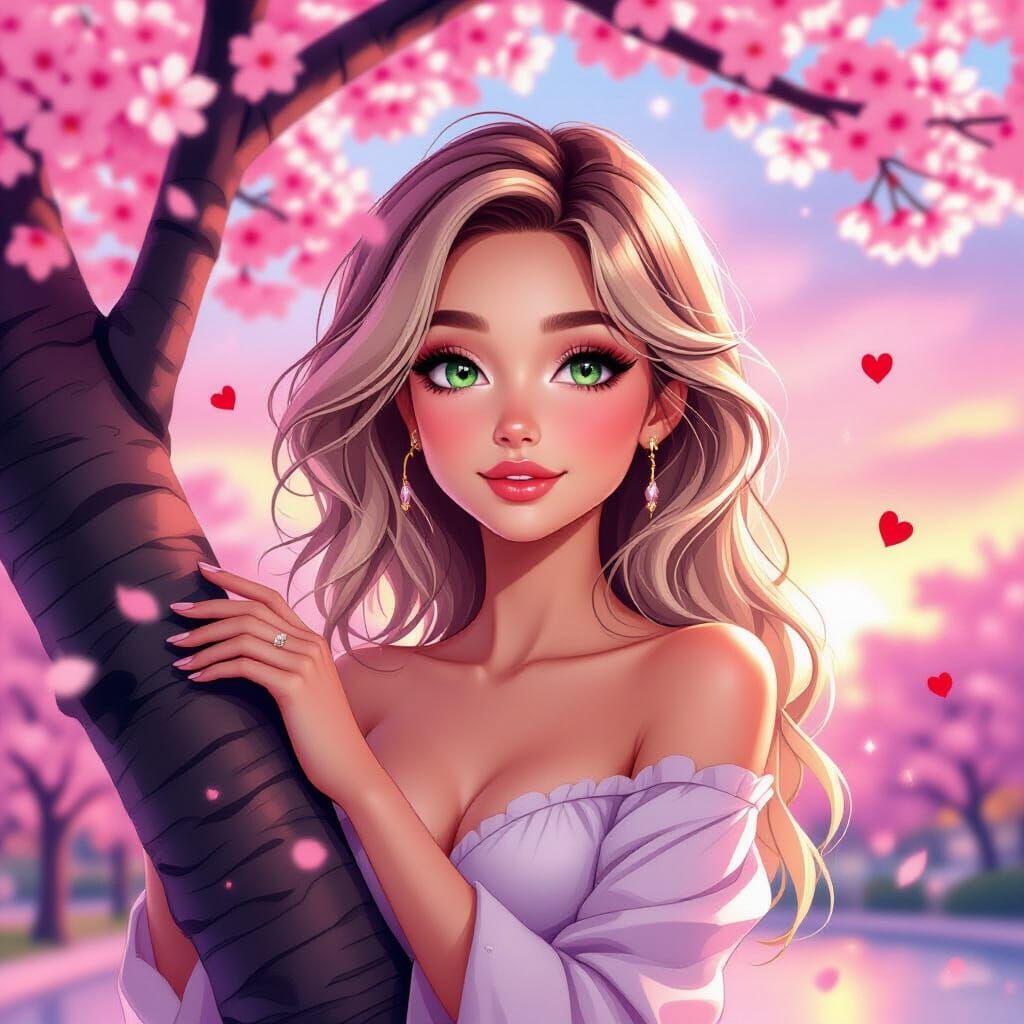 Elegant Cartoon Character in Cherry Blossom Park