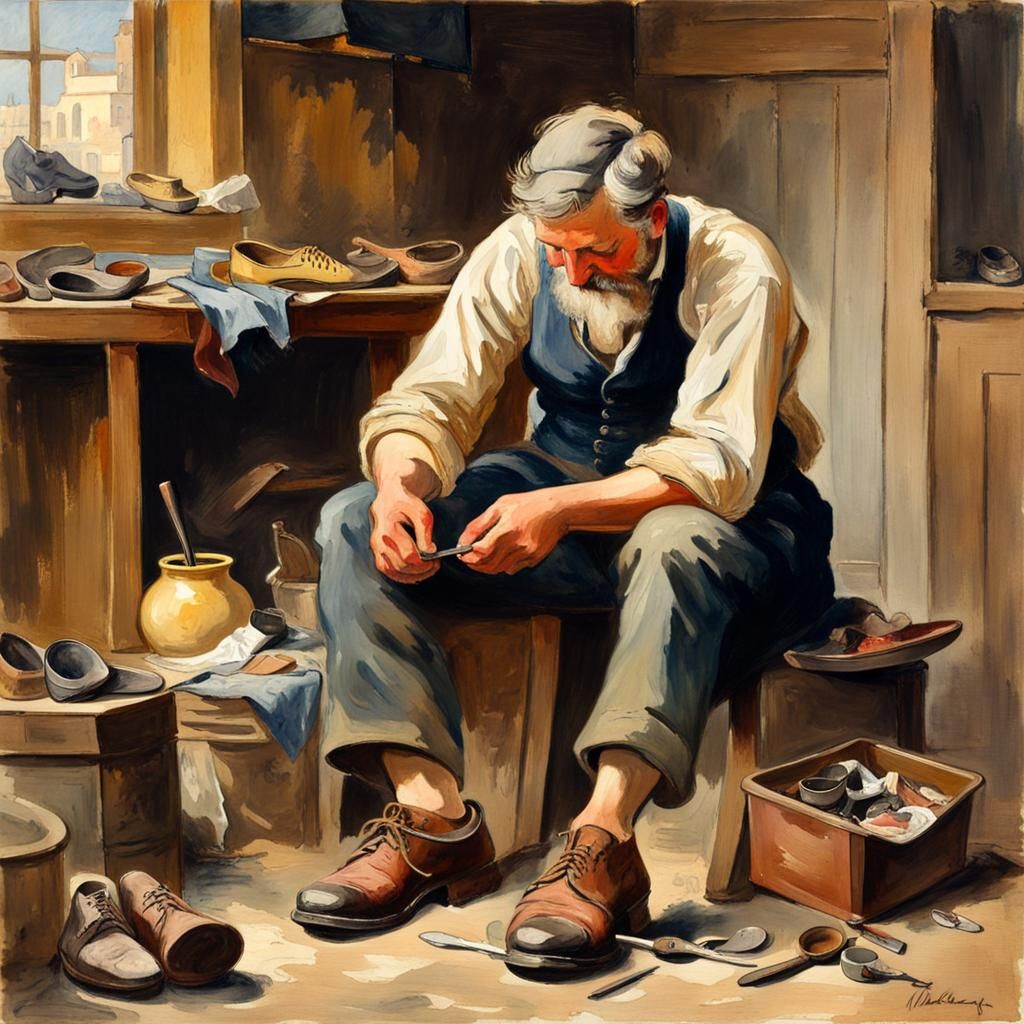 Cobbler at Work: An Impressionistic Gouache Painting