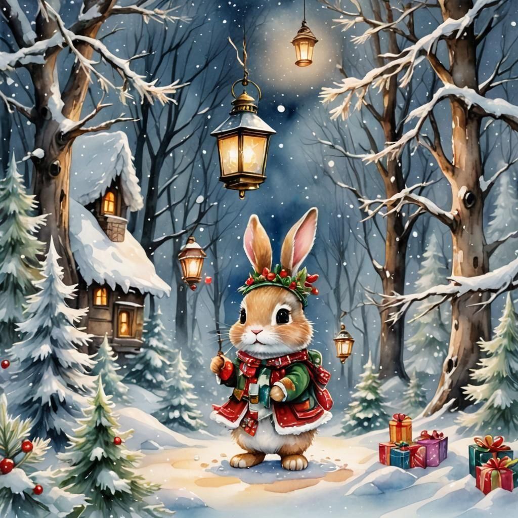 Cute Christmas Bunny in Snowy Forest Scene