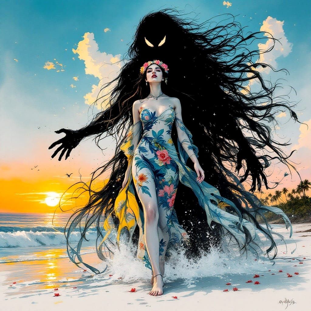 Polynesian Girl with Shadow, in Sumi-e Style