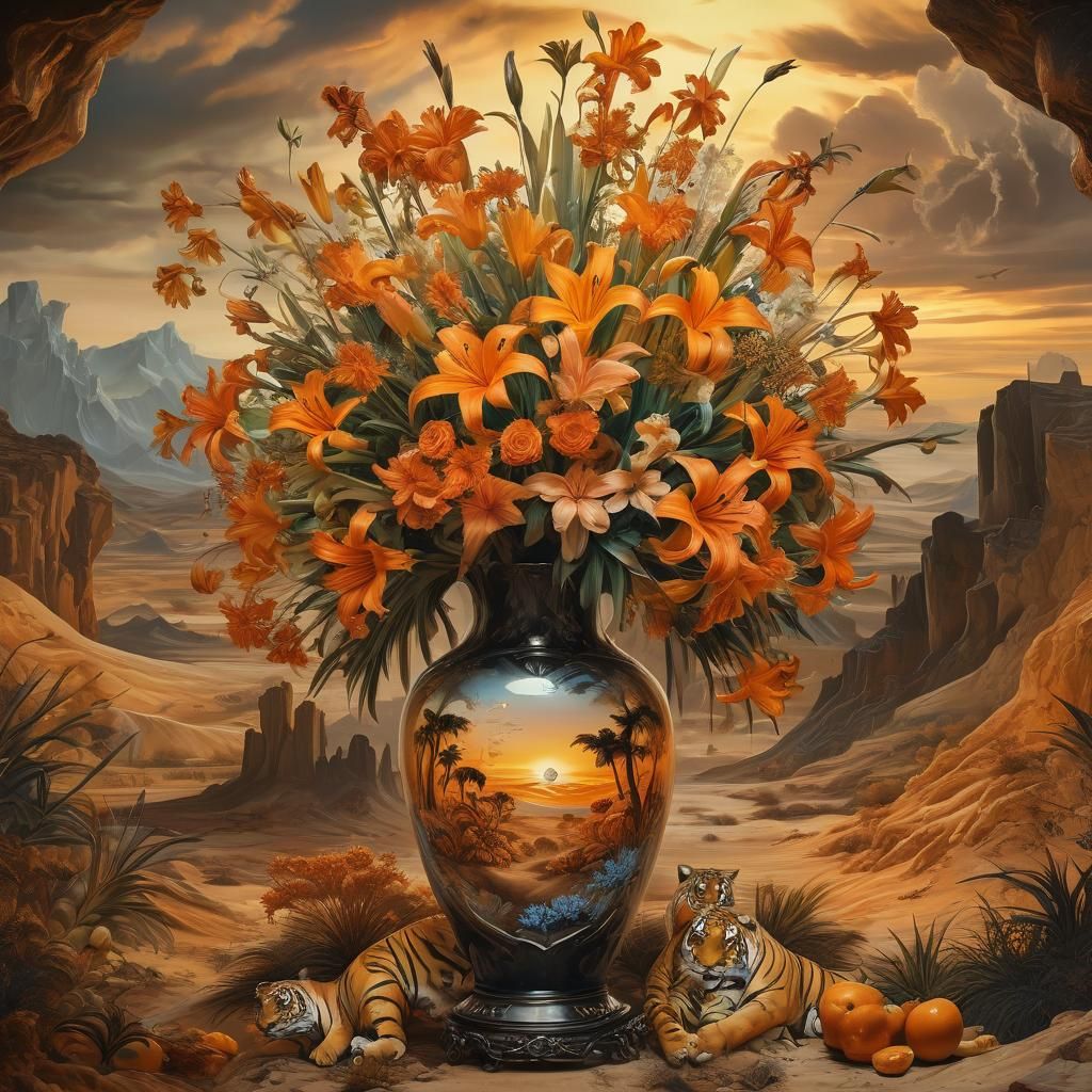 Surreal Desert Bloom: Tiger Lilies in Crystal Vase