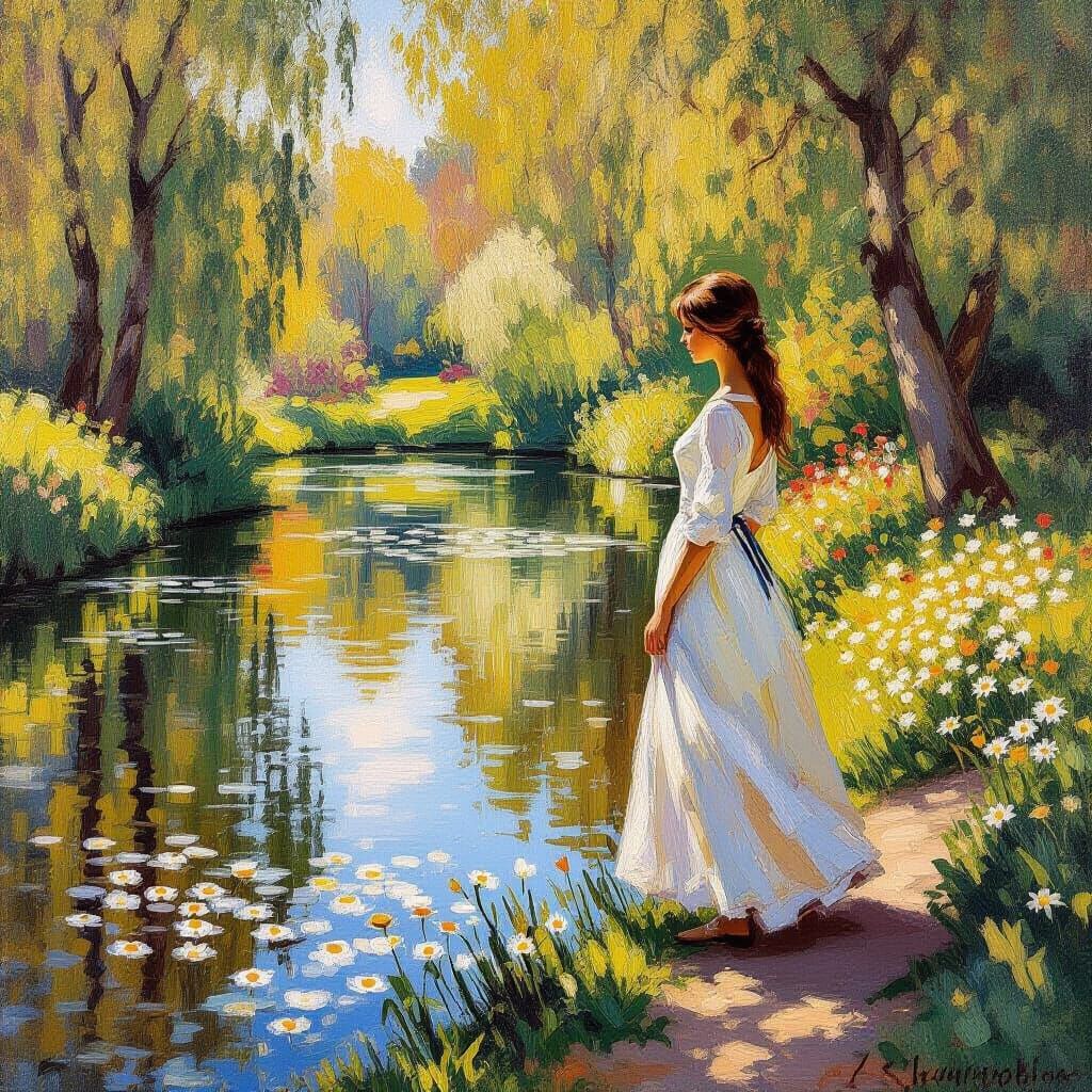 Serene Woman by Pond in Impressionist Oil Painting