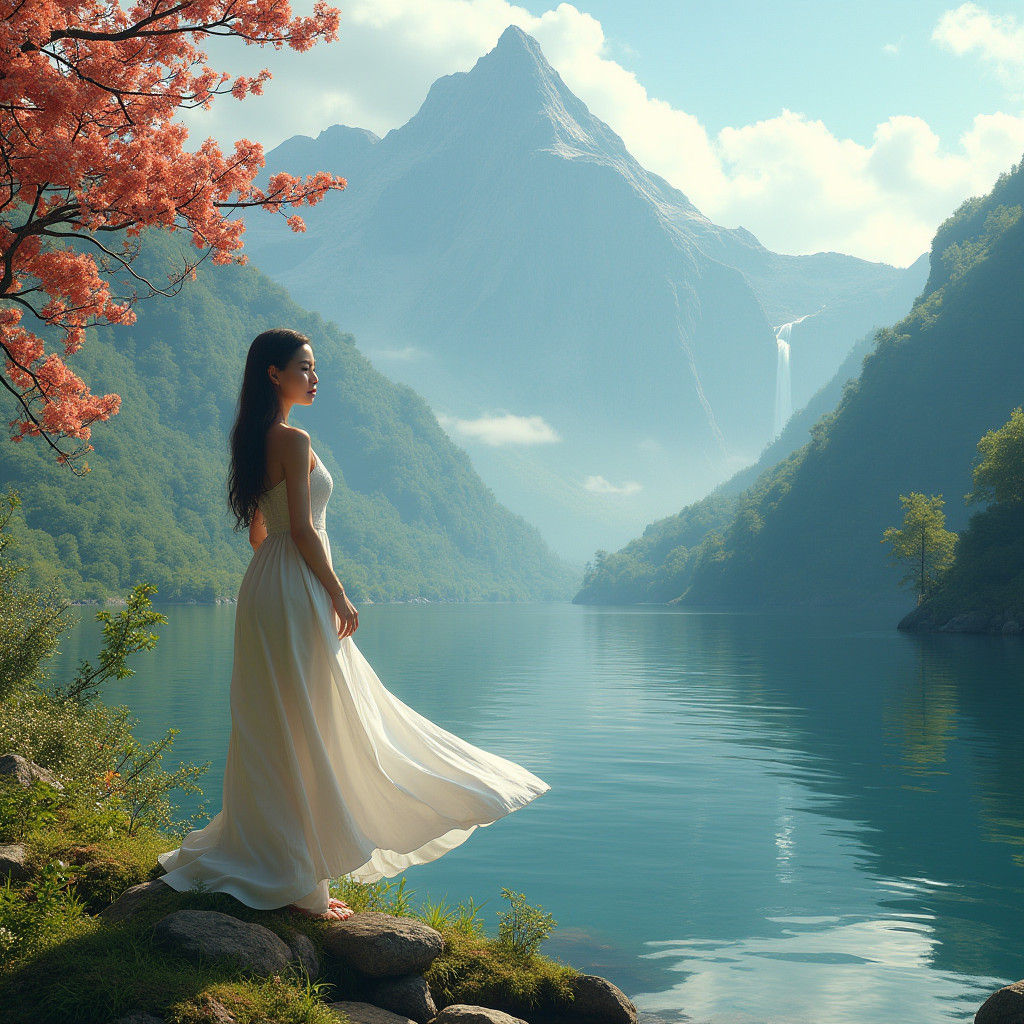 Serene Woman in Breathtaking Lakeside Mountain Scenery