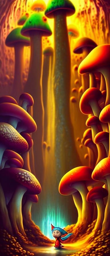 Gnome in a Waterfall Dryad Saddle Mushroom Polypore Pearl Oyster Portals ; Pop Art Futurism , Mushroom Portal city civil...