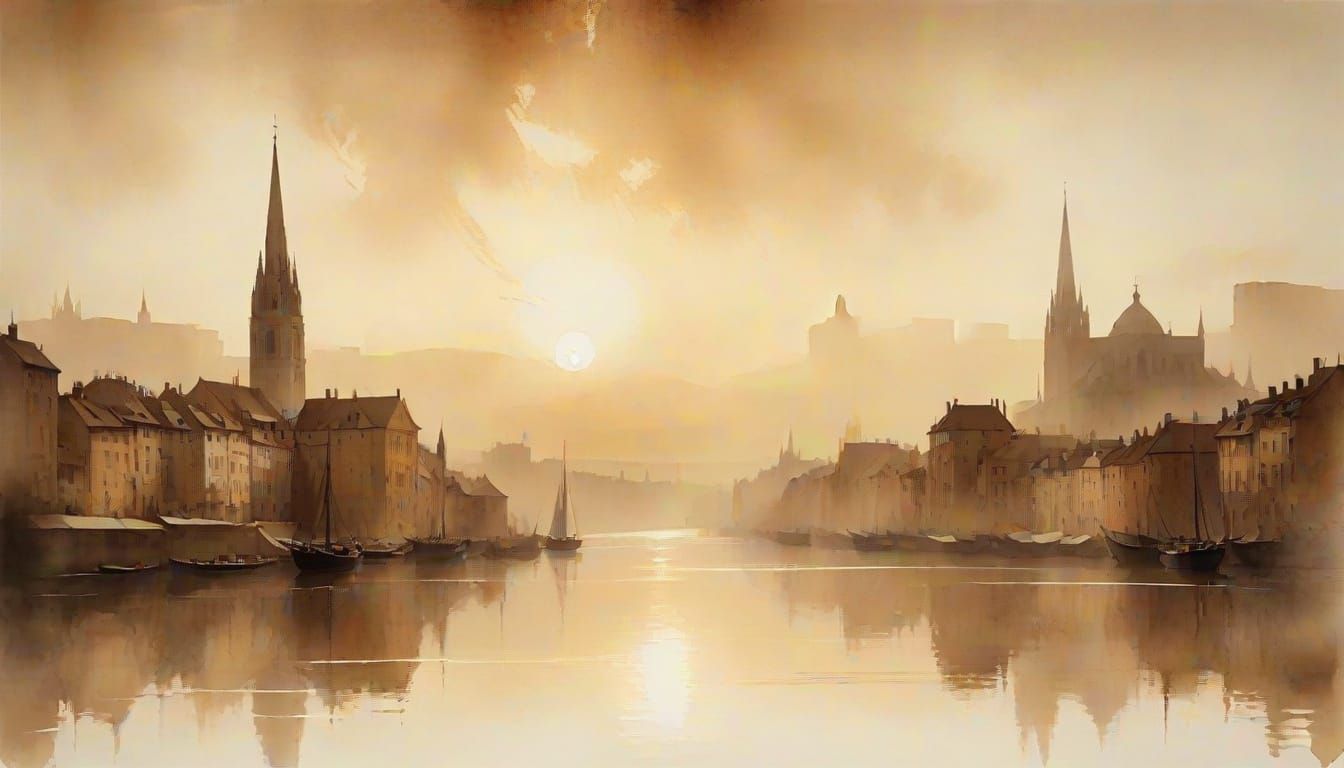 Turner-Inspired Cityscape Panorama in Warm Sepia Tones