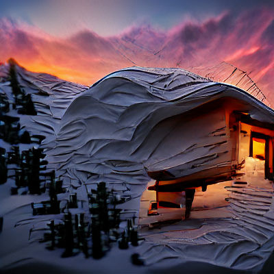 Snowy Mountain Cabin at Sunset in 8K