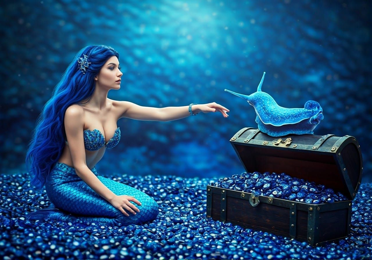 Blue Mermaid Reaching for Sapphire Treasure Chest