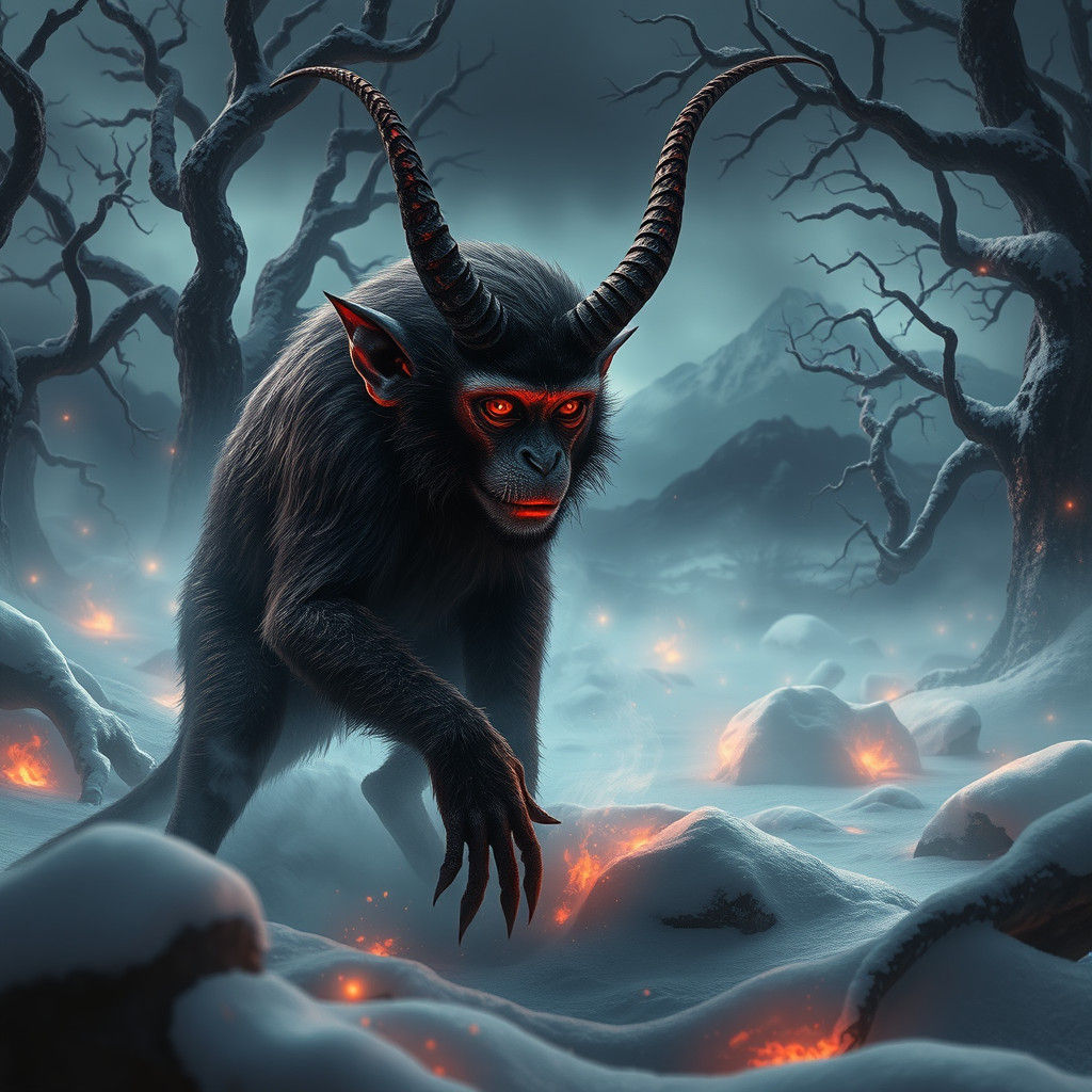 Devil Monkey in Mystical Snow Forest