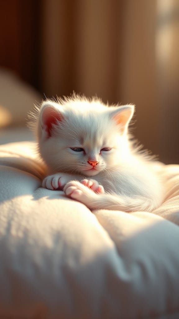 Surreal Snow White Kitten Slumbers on Pastel Velvet Pillow