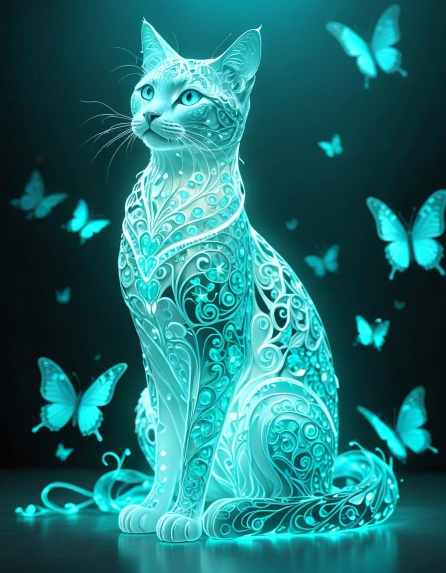 Ethereal Turquoise Cat with Filigree Pattern