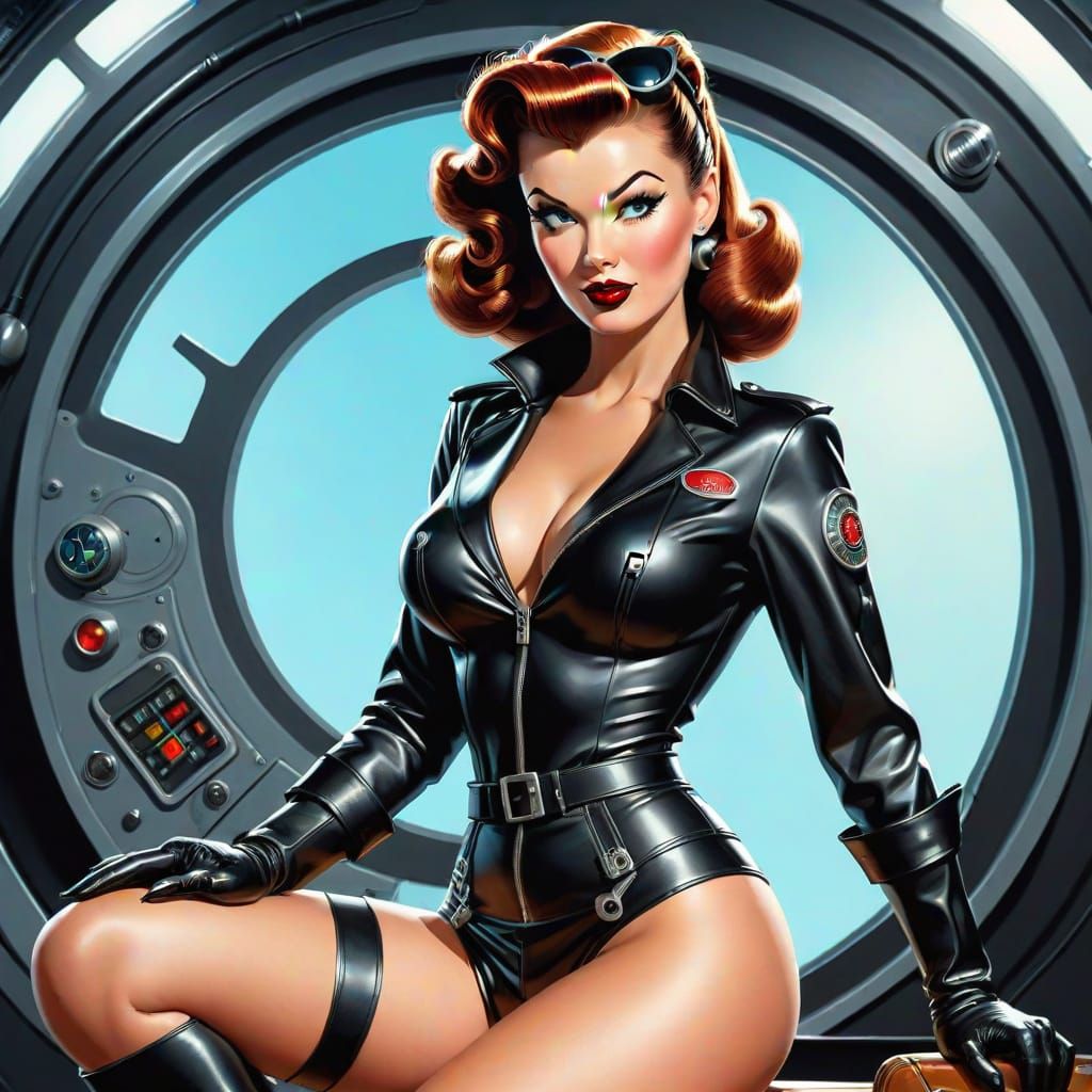 Glamorous Black Leather Sci-Fi Spy Pin-Up