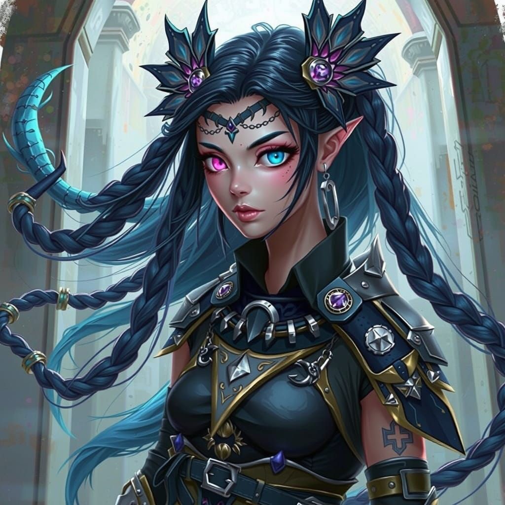 Dynamic Assassin with Blue Braids in Bold Style