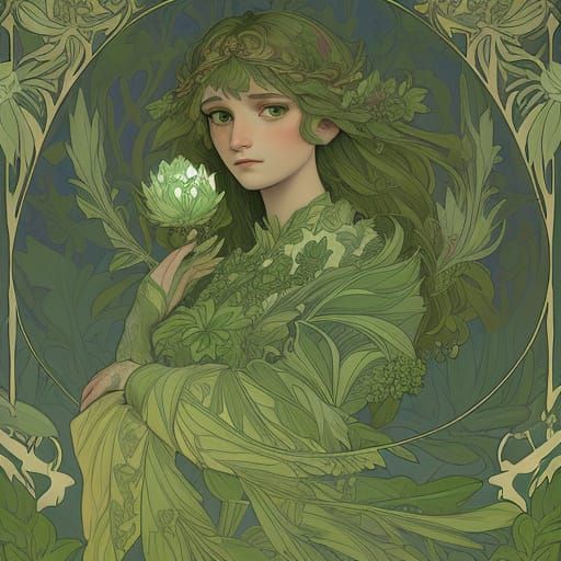 Art Nouveau Woman in Elaborate Artichoke Leaf Dress