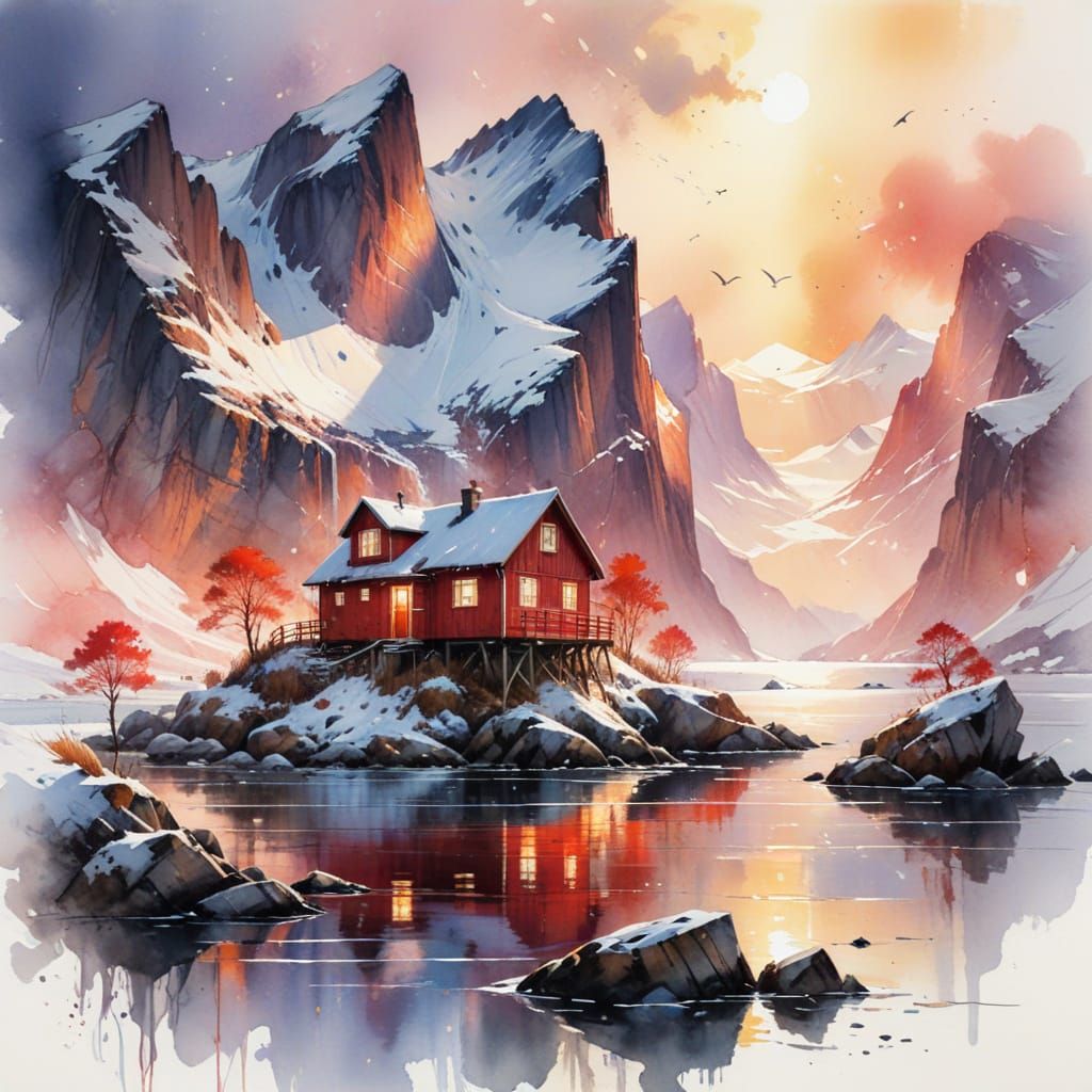 Crimson Cabins on Snowy Fjord Shore