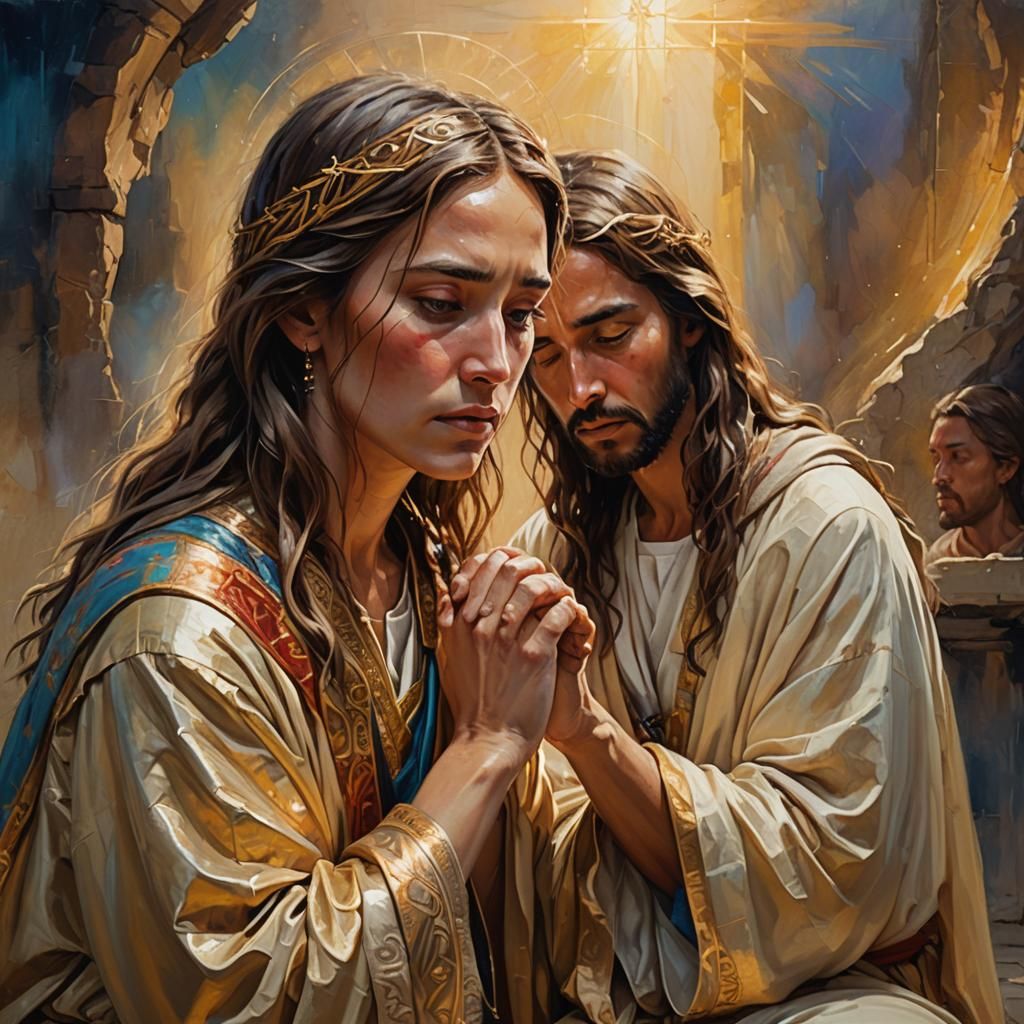 Woman Pleads Before Jesus: Oil Painting Portrait