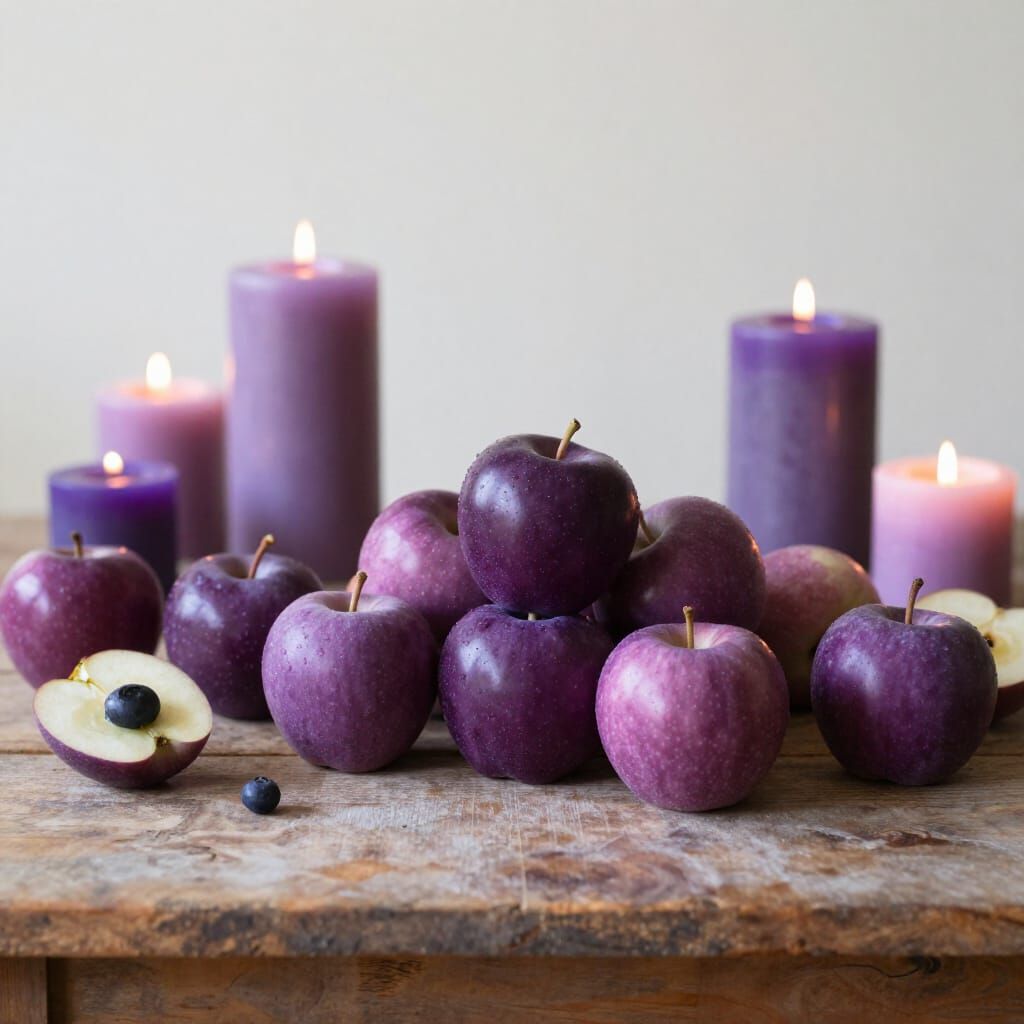 Apple potpourri colored purple sitting on a rustic table with fruit of various kinds and candles of differnt height and ...