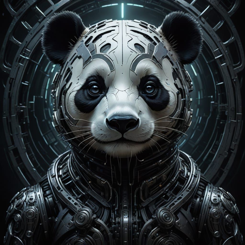 Glowing Panda in Dark Futuristic Biomechanical Art