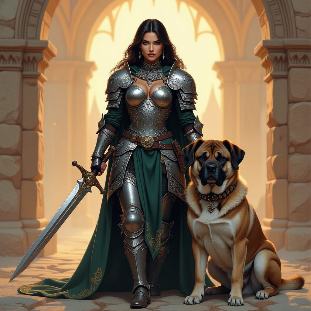 Heroic Female Fighter with Mastiff in Fantasy Art
