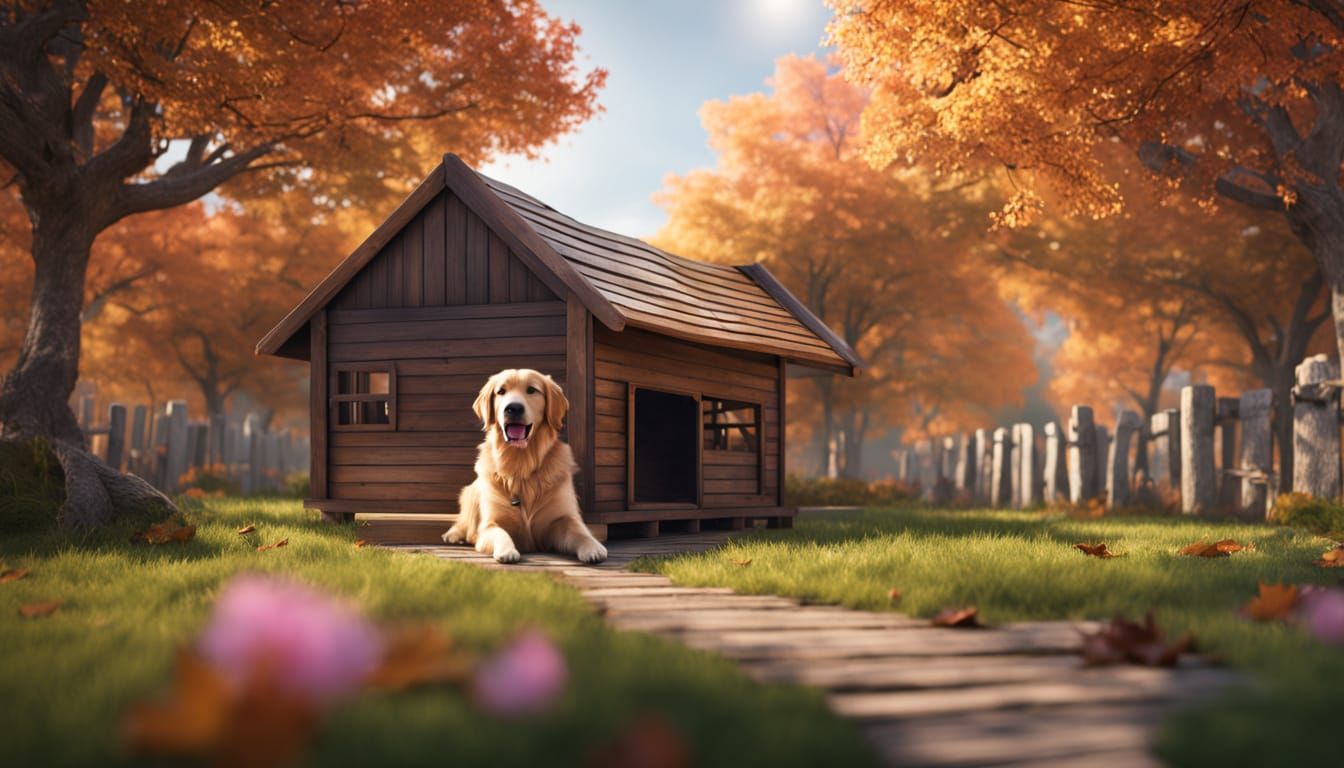 Golden Retriever Rests in Cozy Doghouse Amidst Autumn Yard