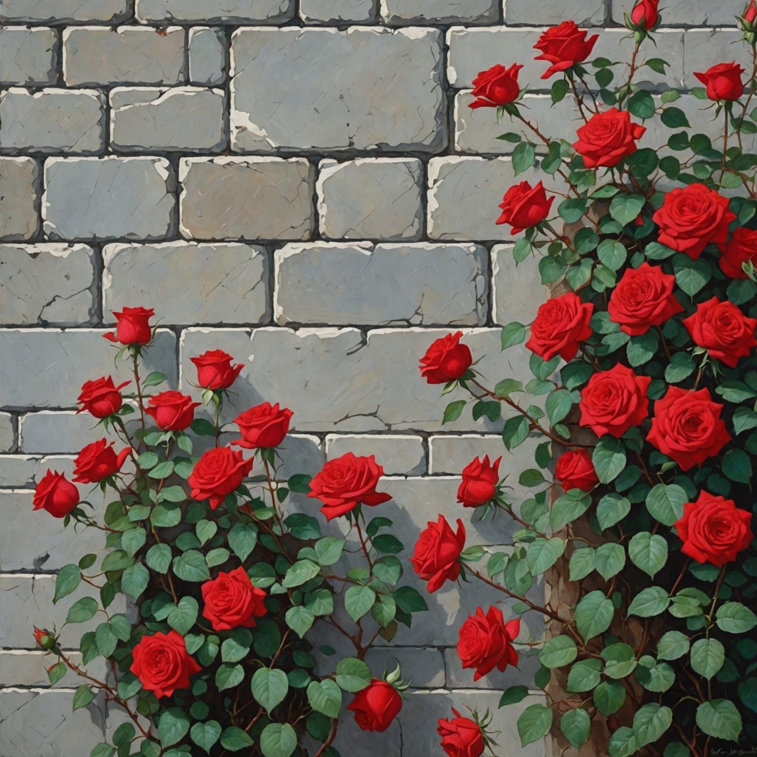 Red Roses Against Stone Wall: Oil Painting