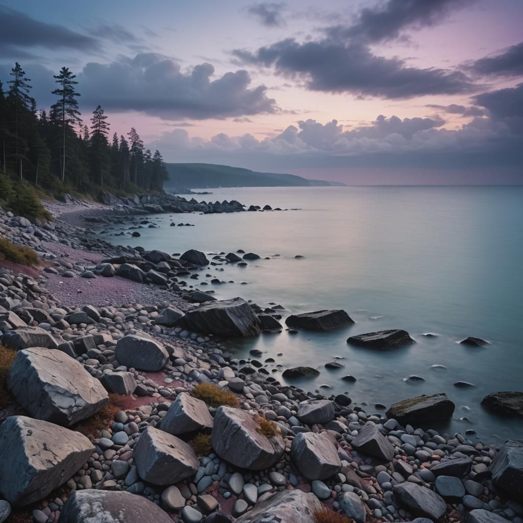 Expressionist Twilight Sea Landscape in Blue and Purple