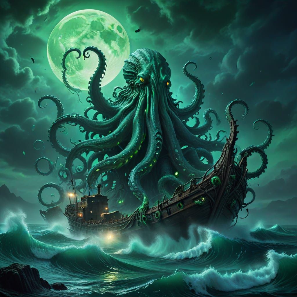 Giant Kraken Rising Under Green Moon, Gothic Oil Painting
