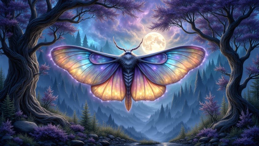 Ethereal Bioluminescent Moth in Moonlit Forest
