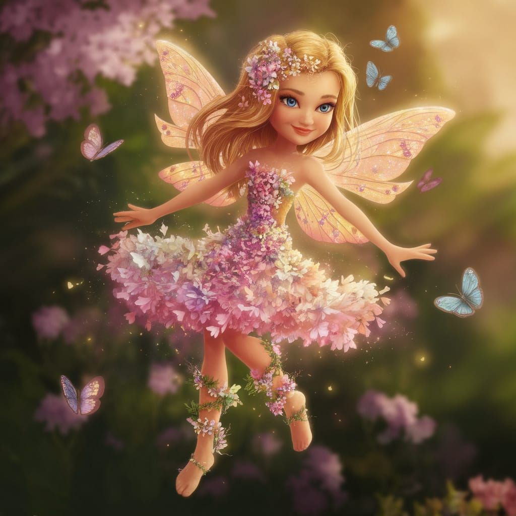 Fairy in Vibrant Floral Wonderland with Shimmering Wings