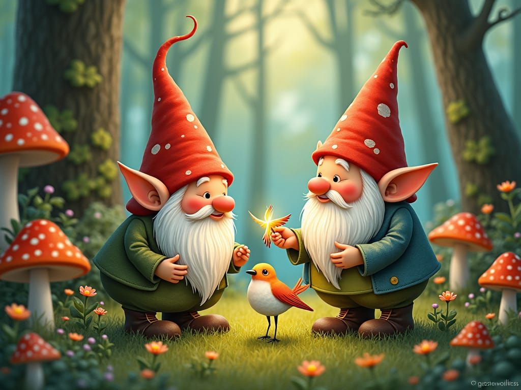 Gnomes Heal a Bird in Whimsical Forest Glade