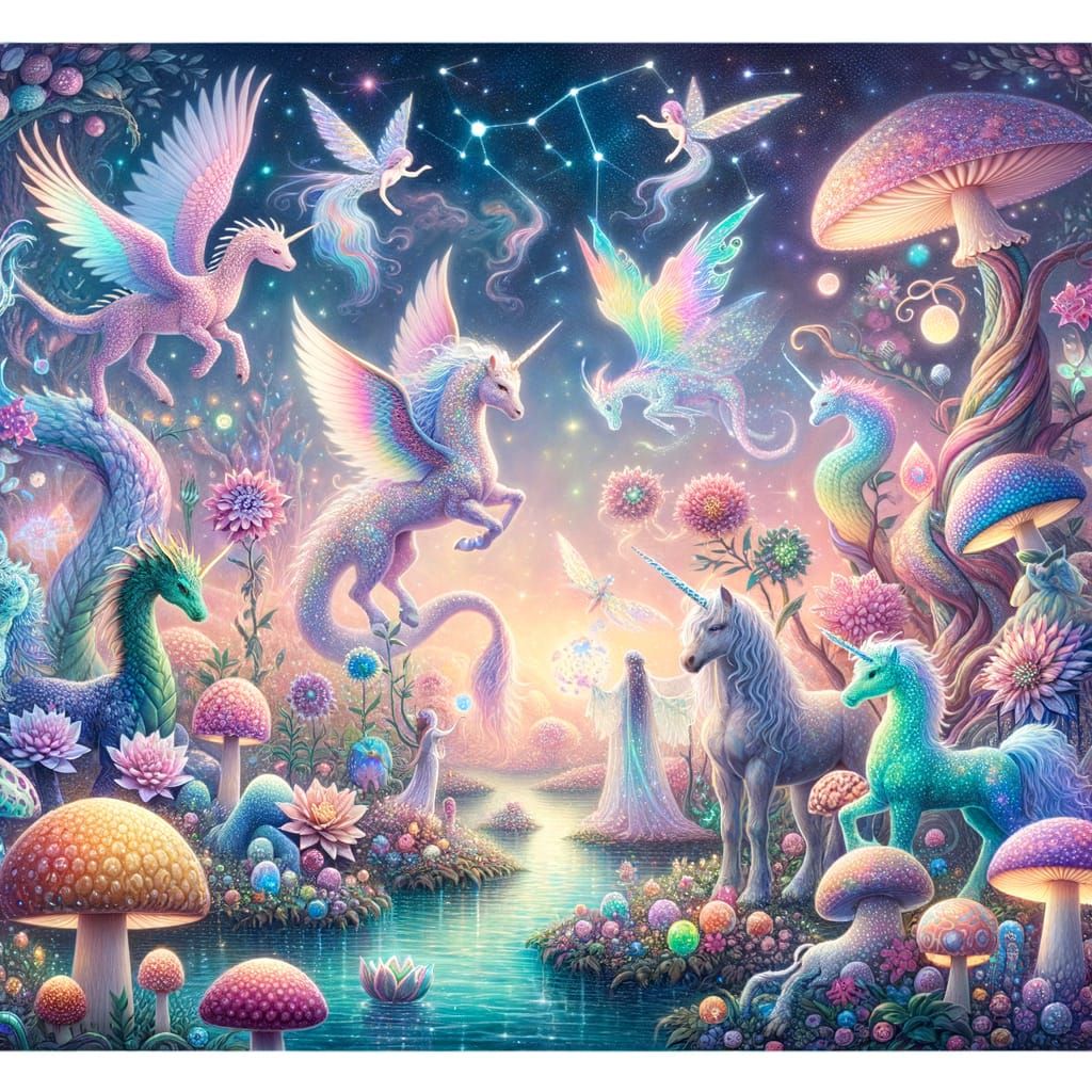 Whimsical World of Magical Creatures and Glowing Plants