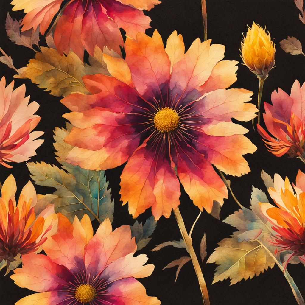 Watercolor Pressed Flowers with Neon and Grunge Accents