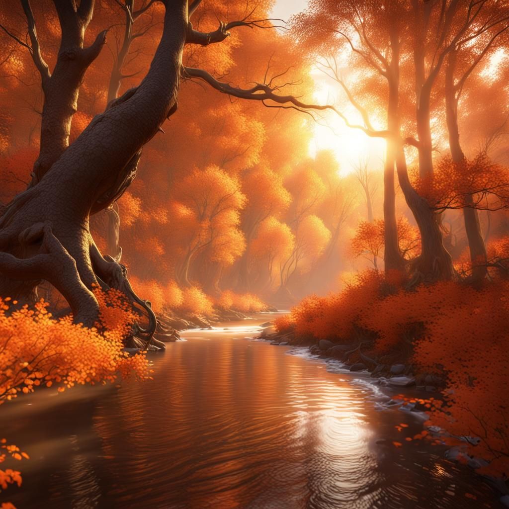 Autumnal Forest with Flying Fish, Fantasy Concept Art