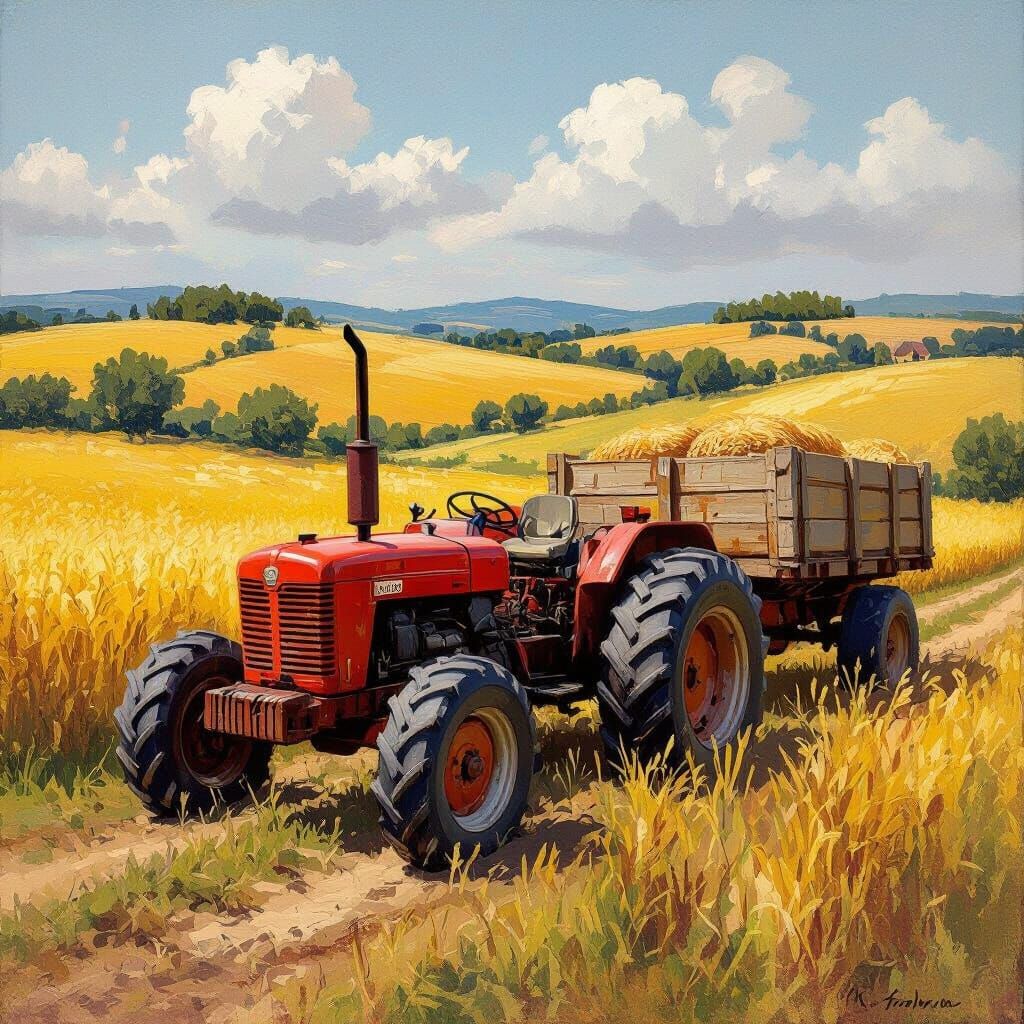 Tractor Pulling Heavy Load in Impressionist Style
