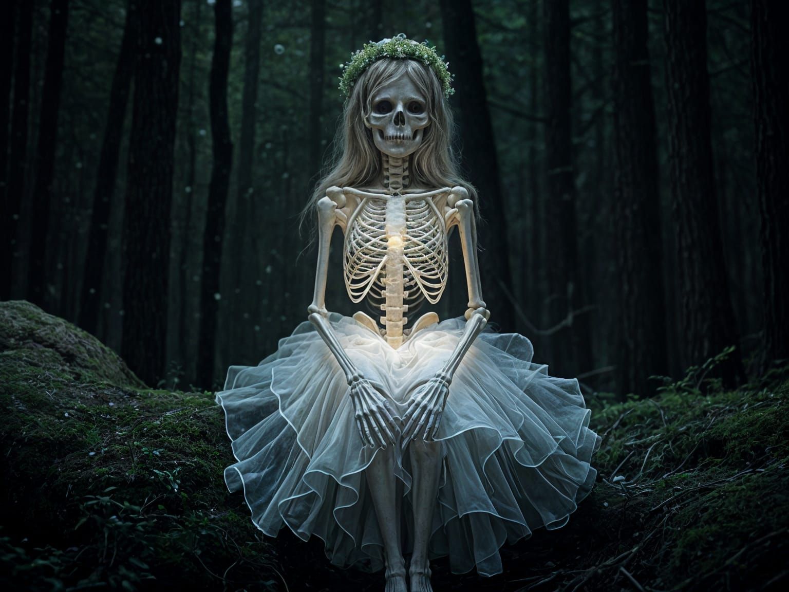 Glass Skeleton Bride in Forest of Light