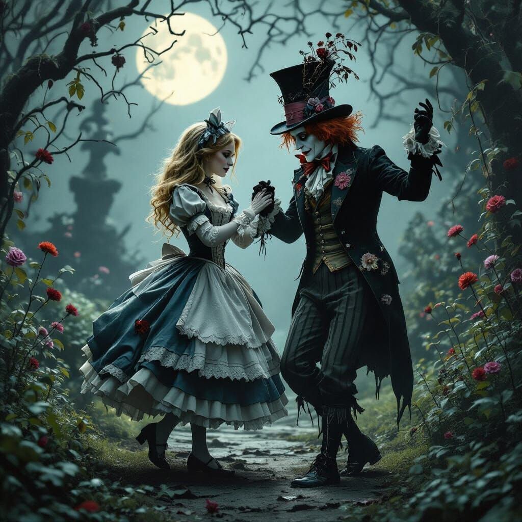 Gothic Alice and Mad Hatter Dance in Moonlit Garden