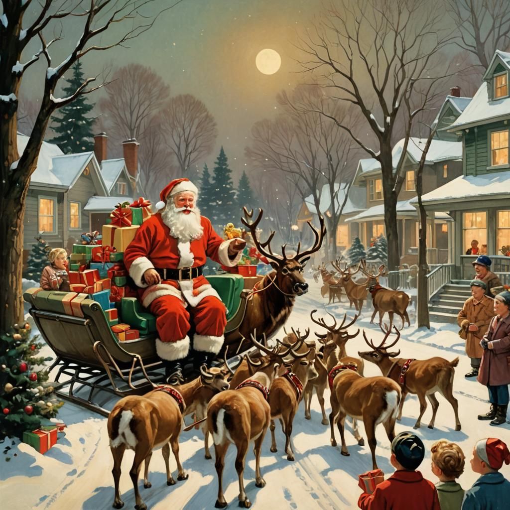 Santa Claus Gifts in Rockwell-esque Oil Painting