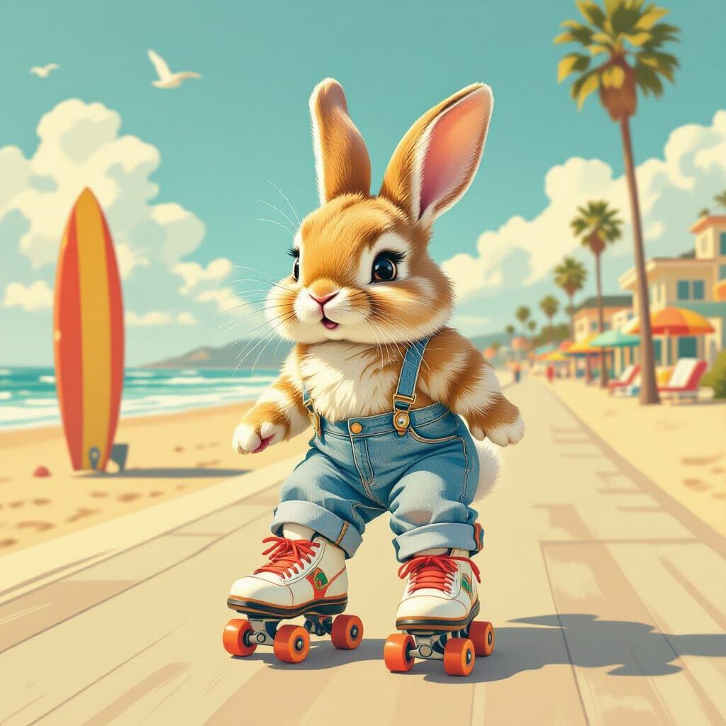 Cute Rabbit in 1970s Roller Skates and Bell Bottoms